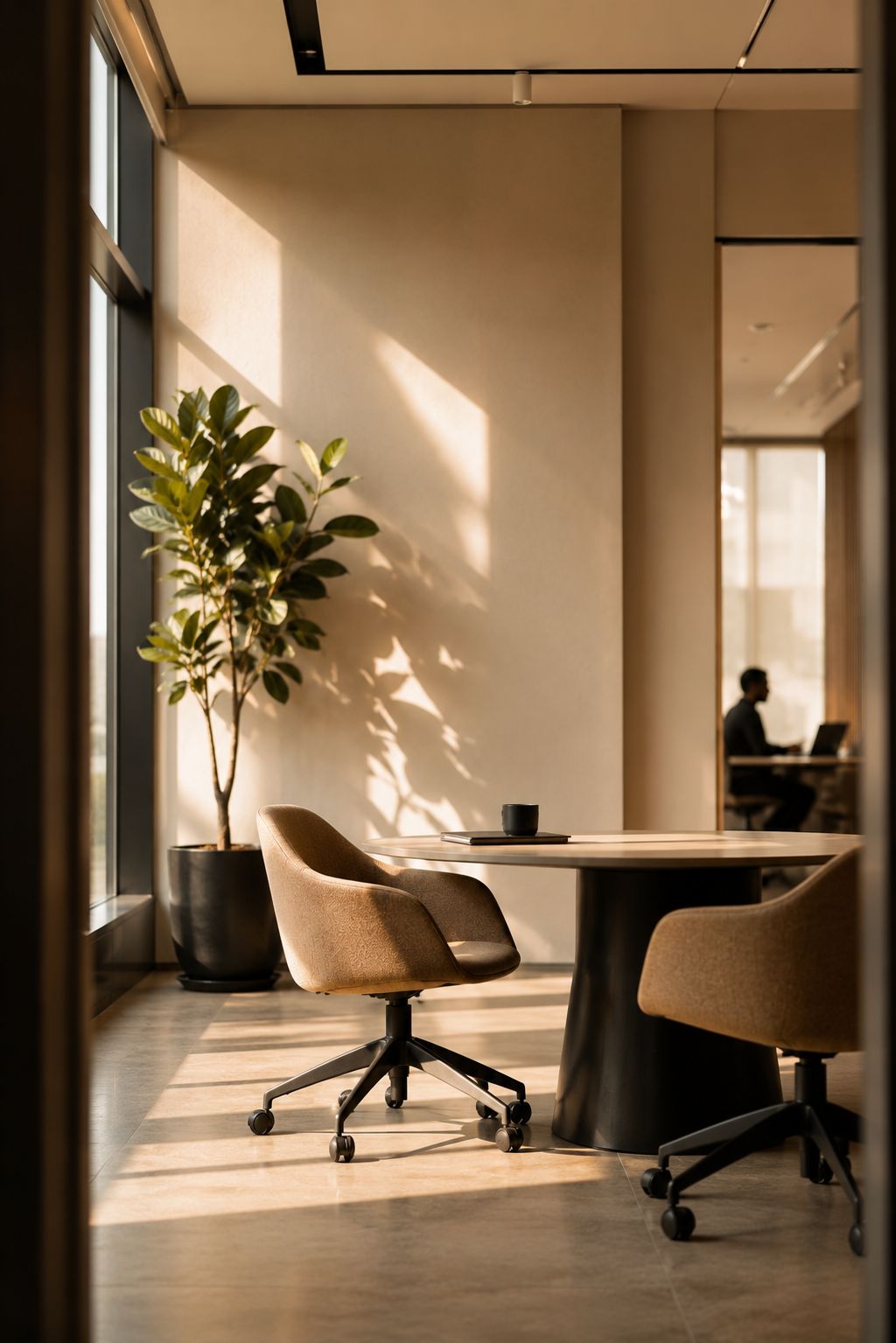 A calm modern consulting office with a meeting table, two chairs and warm daylight