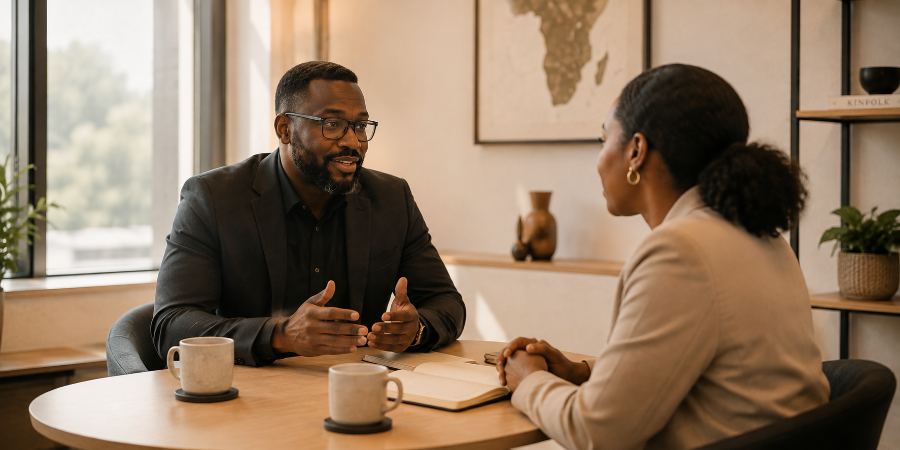 Two people in a relaxed first conversation across a small table with coffee