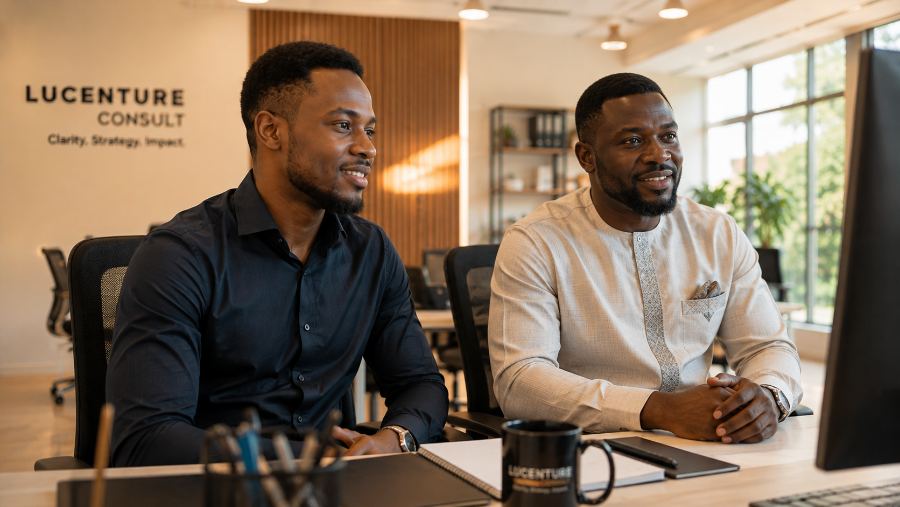 A consultant seated beside a business owner, both looking toward a screen