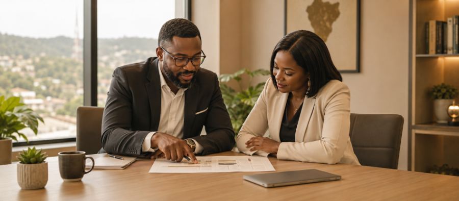 Two consultants reviewing a printed strategy document together